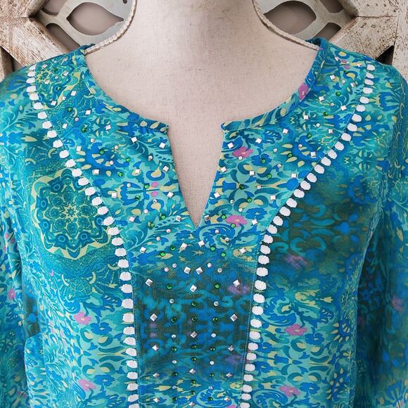 NY Collection Women's Flare Bell Sleeve Embellished Blouse Top in Floral Scroll - Picture 3 of 10